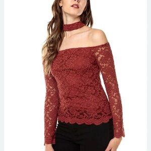 Ambiance Lace Off Shoulder Choker Top – Rust Burgundy – Size Large boho chic